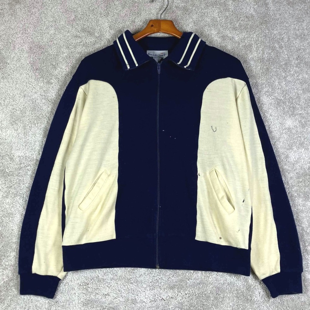 Vintage 70s Track & Court Mens Blue Cream Full Zip Track Jacket Acrylic 80s